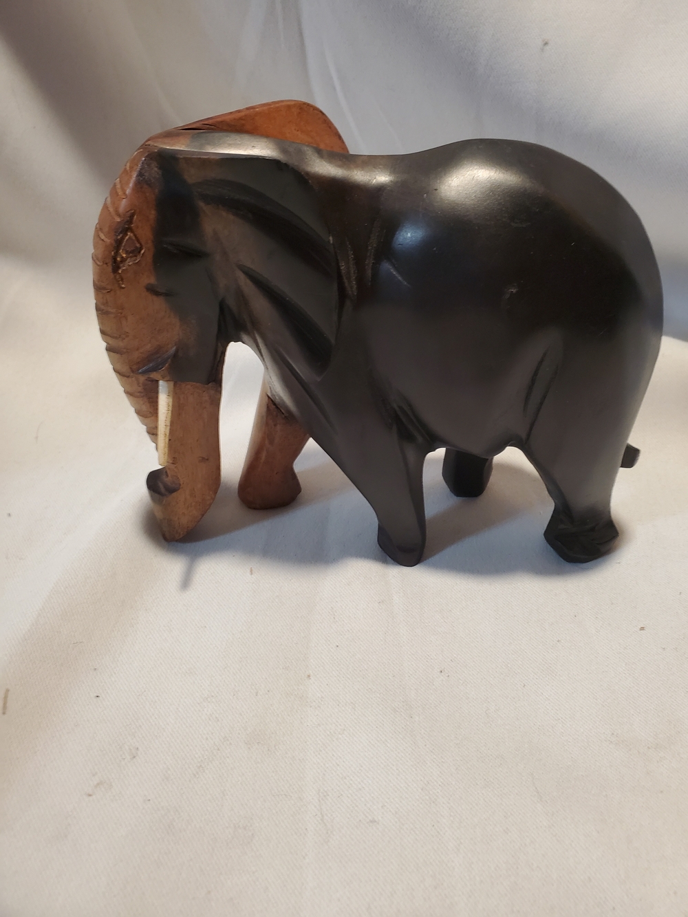Vintage Hand Carved Ebony Wood Elephant Figurine - Two Tone Inlays with...